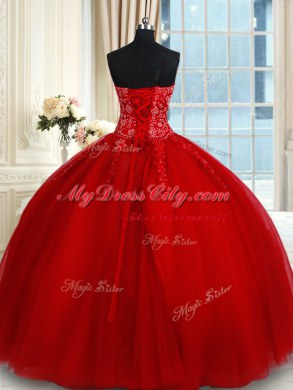 Red Tulle Lace Up Sweetheart Sleeveless Floor Length Sweet 16 Dresses Beading and Appliques