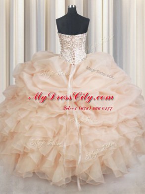 Champagne Ball Gowns Organza Sweetheart Sleeveless Beading and Ruffles and Pick Ups Floor Length Lace Up Ball Gown Prom Dress