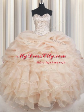 Champagne Ball Gowns Organza Sweetheart Sleeveless Beading and Ruffles and Pick Ups Floor Length Lace Up Ball Gown Prom Dress