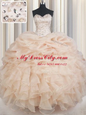 Champagne Ball Gowns Organza Sweetheart Sleeveless Beading and Ruffles and Pick Ups Floor Length Lace Up Ball Gown Prom Dress