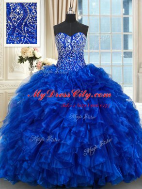 Royal Blue Sleeveless Brush Train Beading and Ruffles With Train Ball Gown Prom Dress