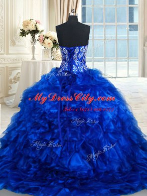 Royal Blue Sleeveless Brush Train Beading and Ruffles With Train Ball Gown Prom Dress