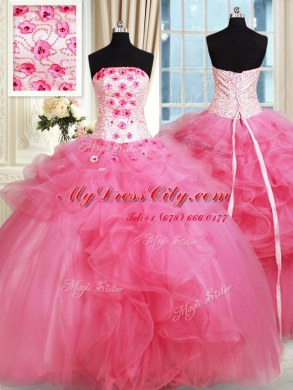 High Class Floor Length Lace Up Quinceanera Dress Hot Pink for Military Ball and Sweet 16 and Quinceanera with Beading and Appliques and Ruffles