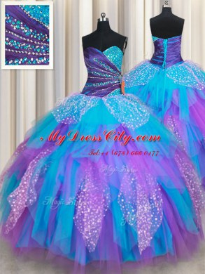 Fantastic Multi-color Ball Gowns Beading and Ruffles Sweet 16 Dress Lace Up Tulle Sleeveless Floor Length