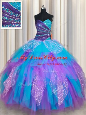 Fantastic Multi-color Ball Gowns Beading and Ruffles Sweet 16 Dress Lace Up Tulle Sleeveless Floor Length