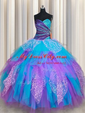 Fantastic Multi-color Ball Gowns Beading and Ruffles Sweet 16 Dress Lace Up Tulle Sleeveless Floor Length