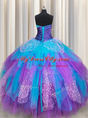 Fantastic Multi-color Ball Gowns Beading and Ruffles Sweet 16 Dress Lace Up Tulle Sleeveless Floor Length