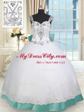 Beautiful White and Green Taffeta and Tulle Lace Up Straps Sleeveless Floor Length Sweet 16 Quinceanera Dress Beading and Lace and Bowknot