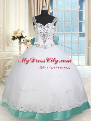 Beautiful White and Green Taffeta and Tulle Lace Up Straps Sleeveless Floor Length Sweet 16 Quinceanera Dress Beading and Lace and Bowknot