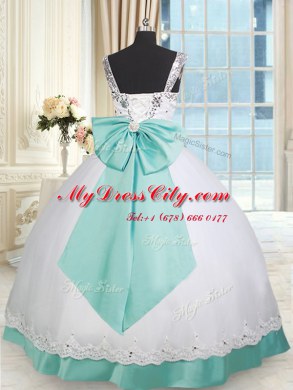 Beautiful White and Green Taffeta and Tulle Lace Up Straps Sleeveless Floor Length Sweet 16 Quinceanera Dress Beading and Lace and Bowknot