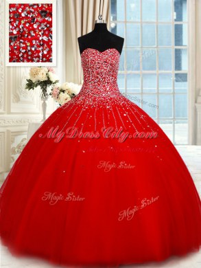 Flare Sleeveless Tulle Floor Length Lace Up Quinceanera Dress in Red with Beading