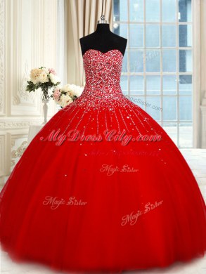 Flare Sleeveless Tulle Floor Length Lace Up Quinceanera Dress in Red with Beading