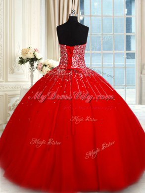 Flare Sleeveless Tulle Floor Length Lace Up Quinceanera Dress in Red with Beading