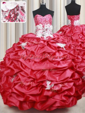 Best Selling Coral Red Ball Gowns Sweetheart Sleeveless Taffeta With Brush Train Lace Up Beading and Appliques and Sequins and Pick Ups Sweet 16 Quinceanera Dress