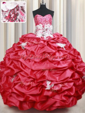 Best Selling Coral Red Ball Gowns Sweetheart Sleeveless Taffeta With Brush Train Lace Up Beading and Appliques and Sequins and Pick Ups Sweet 16 Quinceanera Dress