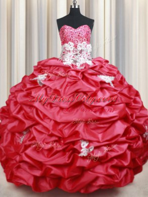 Best Selling Coral Red Ball Gowns Sweetheart Sleeveless Taffeta With Brush Train Lace Up Beading and Appliques and Sequins and Pick Ups Sweet 16 Quinceanera Dress