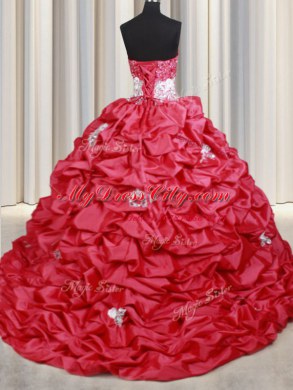 Best Selling Coral Red Ball Gowns Sweetheart Sleeveless Taffeta With Brush Train Lace Up Beading and Appliques and Sequins and Pick Ups Sweet 16 Quinceanera Dress