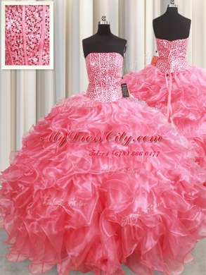 Dramatic Floor Length Pink Sweet 16 Dresses Organza Sleeveless Beading and Ruffles