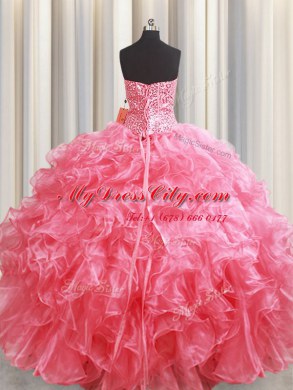 Dramatic Floor Length Pink Sweet 16 Dresses Organza Sleeveless Beading and Ruffles