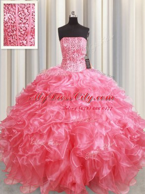 Dramatic Floor Length Pink Sweet 16 Dresses Organza Sleeveless Beading and Ruffles