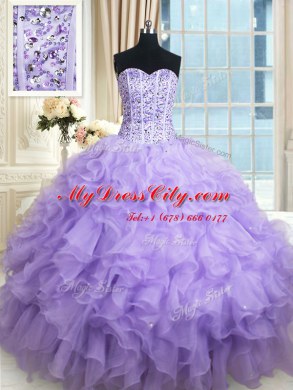 Fitting Sleeveless Floor Length Beading and Ruffles Lace Up Quinceanera Dresses with Lavender