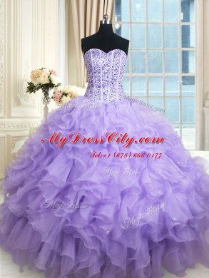 Fitting Sleeveless Floor Length Beading and Ruffles Lace Up Quinceanera Dresses with Lavender