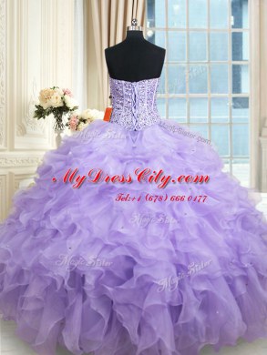 Fitting Sleeveless Floor Length Beading and Ruffles Lace Up Quinceanera Dresses with Lavender