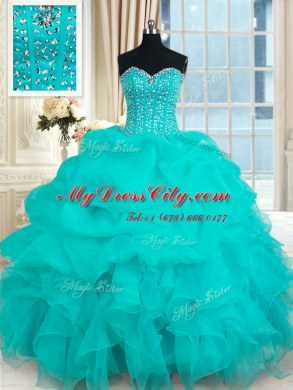 Customized Pick Ups Floor Length Turquoise Quince Ball Gowns Sweetheart Sleeveless Lace Up