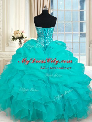 Customized Pick Ups Floor Length Turquoise Quince Ball Gowns Sweetheart Sleeveless Lace Up