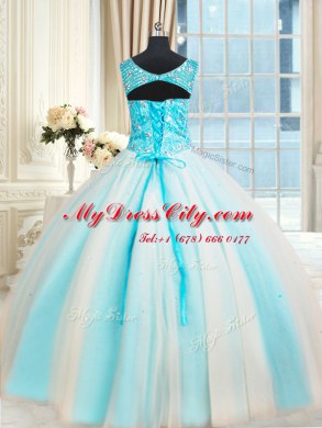 Discount Tulle Sleeveless Floor Length Quinceanera Dress and Beading