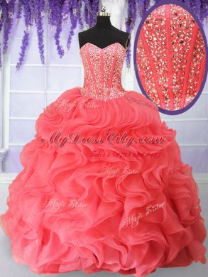 Flare Watermelon Red Ball Gowns Sweetheart Sleeveless Organza Floor Length Lace Up Beading and Ruffles Quinceanera Dresses