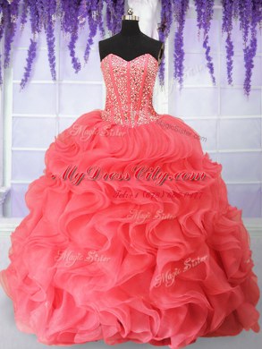 Flare Watermelon Red Ball Gowns Sweetheart Sleeveless Organza Floor Length Lace Up Beading and Ruffles Quinceanera Dresses