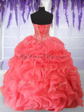 Flare Watermelon Red Ball Gowns Sweetheart Sleeveless Organza Floor Length Lace Up Beading and Ruffles Quinceanera Dresses