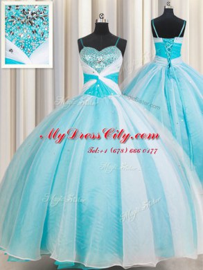 Gorgeous White and Blue Organza Lace Up Sweet 16 Dresses Sleeveless Floor Length Beading