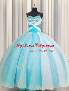 Gorgeous White and Blue Organza Lace Up Sweet 16 Dresses Sleeveless Floor Length Beading