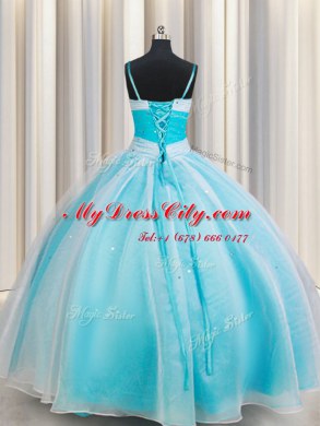 Gorgeous White and Blue Organza Lace Up Sweet 16 Dresses Sleeveless Floor Length Beading