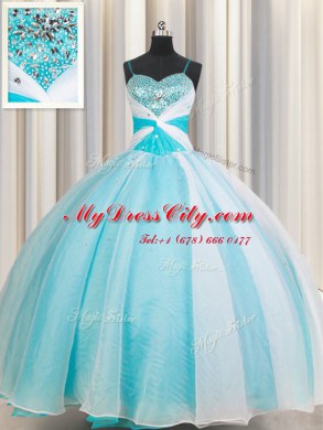 Gorgeous White and Blue Organza Lace Up Sweet 16 Dresses Sleeveless Floor Length Beading