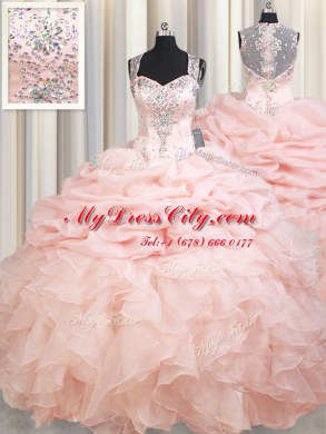 Top Selling Pink Organza Zipper Straps Sleeveless Sweet 16 Quinceanera Dress Brush Train Beading and Ruffles and Pick Ups