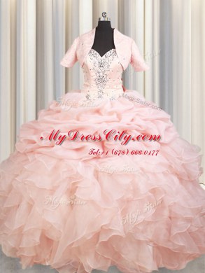 Top Selling Pink Organza Zipper Straps Sleeveless Sweet 16 Quinceanera Dress Brush Train Beading and Ruffles and Pick Ups