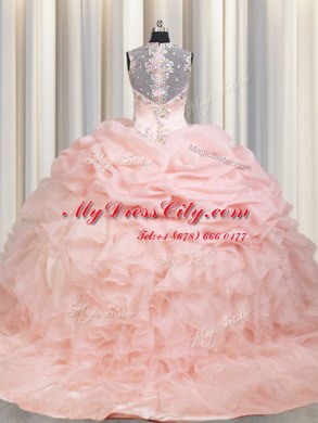 Top Selling Pink Organza Zipper Straps Sleeveless Sweet 16 Quinceanera Dress Brush Train Beading and Ruffles and Pick Ups