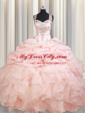 Top Selling Pink Organza Zipper Straps Sleeveless Sweet 16 Quinceanera Dress Brush Train Beading and Ruffles and Pick Ups