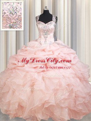 Top Selling Pink Organza Zipper Straps Sleeveless Sweet 16 Quinceanera Dress Brush Train Beading and Ruffles and Pick Ups