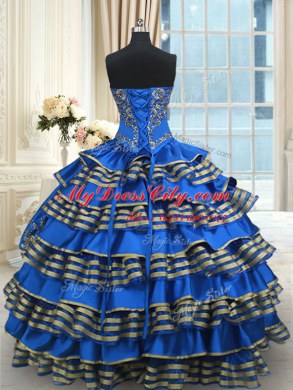 Blue Sleeveless Floor Length Beading and Embroidery and Ruffled Layers Lace Up Sweet 16 Dress