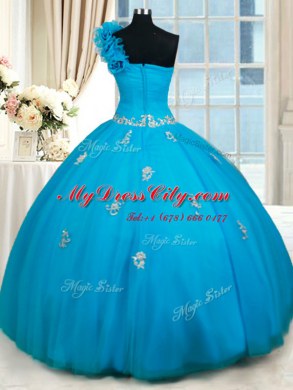 Discount One Shoulder Sleeveless Floor Length Beading and Appliques and Hand Made Flower Zipper Quince Ball Gowns with Baby Blue