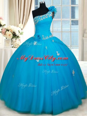 Discount One Shoulder Sleeveless Floor Length Beading and Appliques and Hand Made Flower Zipper Quince Ball Gowns with Baby Blue