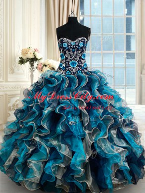 Fantastic Multi-color Vestidos de Quinceanera Military Ball and Sweet 16 and Quinceanera and For with Beading and Embroidery and Ruffles Sweetheart Sleeveless Brush Train Lace Up