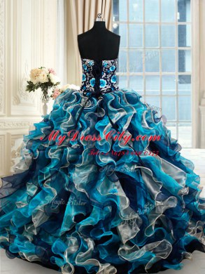 Fantastic Multi-color Vestidos de Quinceanera Military Ball and Sweet 16 and Quinceanera and For with Beading and Embroidery and Ruffles Sweetheart Sleeveless Brush Train Lace Up