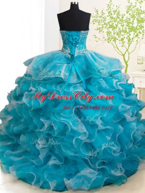 Elegant Teal Lace Up Sweetheart Beading and Ruffles 15 Quinceanera Dress Organza Sleeveless Brush Train