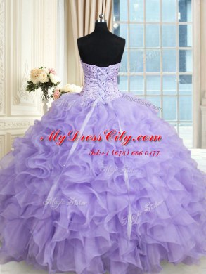 Organza Sweetheart Sleeveless Lace Up Beading and Ruffles Quinceanera Gown in Lavender