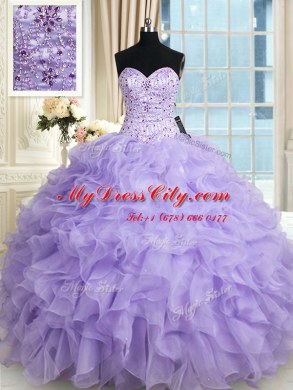 Organza Sweetheart Sleeveless Lace Up Beading and Ruffles Quinceanera Gown in Lavender